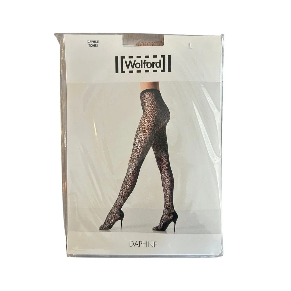 Wolford Daphne Boutique Tan Smoothie Lace Pattern Tights Size L Sheer Stretch